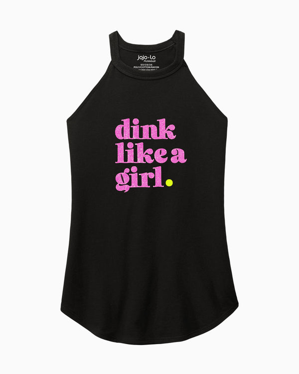 Glitter Flake Dink Like A Girl Pickleball Halter Tank Top Women's Black Tri-Blend Fabric