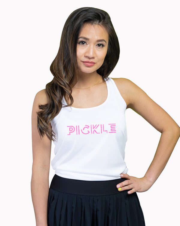 Glitter Flake Pickle Pickleball Tank Top Women's White Performance Fabric