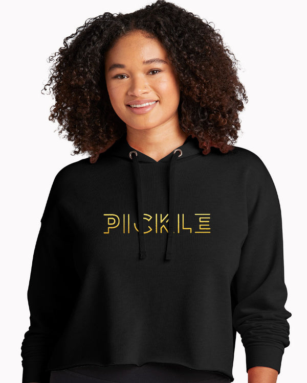 Gold Foil Pickle Crop Hoodie Women's Black Tri-Blend Fleece Fabric