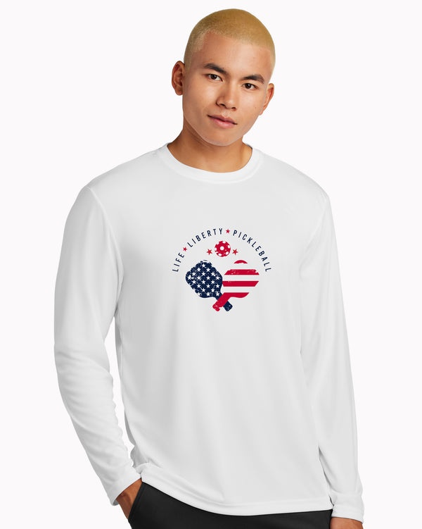 Life Liberty Pickleball Long Sleeve T-Shirt Men’s White Performance Fabric