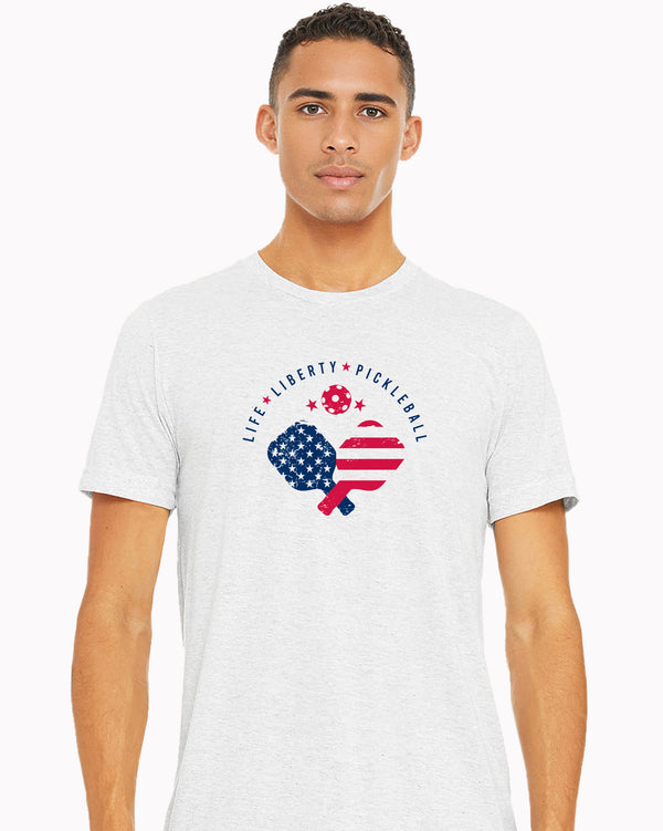 Life Liberty Pickleball T-Shirt White Fleck Tri-Blend Fabric