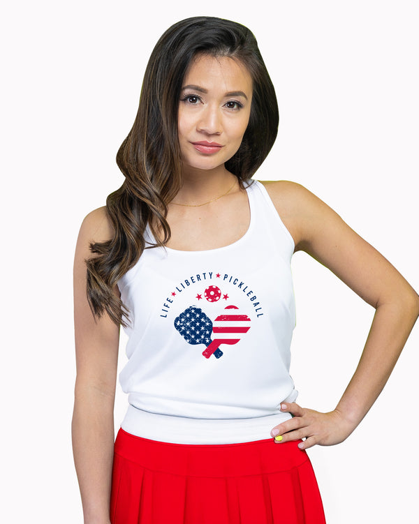Life Liberty Pickleball Tank Top Women's White Performance Fabric