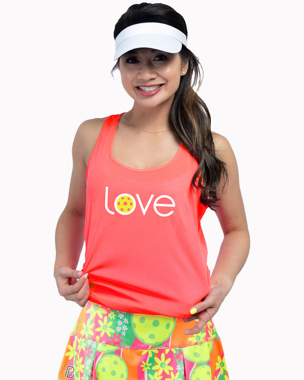Love Pickleball Tank Top Women's Coral Performance Fabric