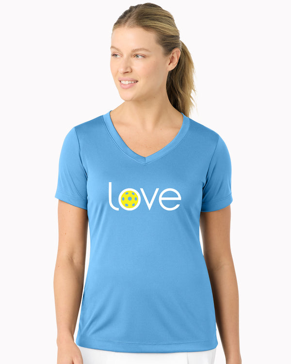 Love Pickleball V-neck T-shirt Women’s Carolina Blue Performance Fabric