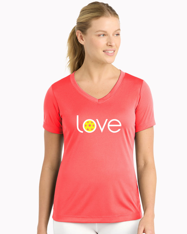 Love Pickleball V-neck T-shirt Women’s Coral Performance Fabric