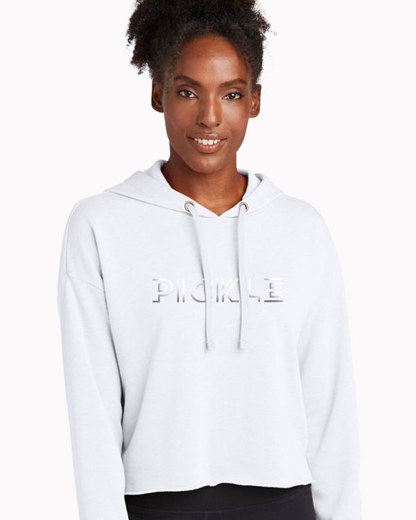 Silver Foil Pickle Crop Hoodie Women's White Tri-Blend Fleece Fabric