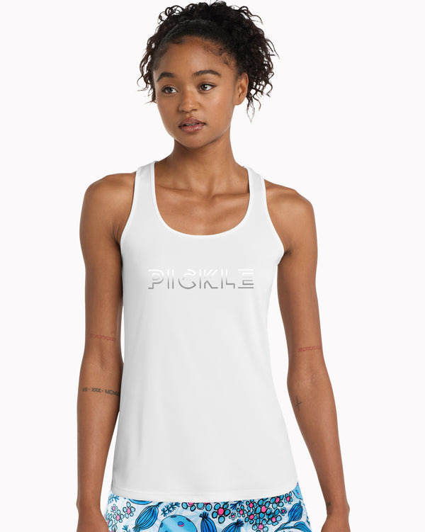 Silver Foil Pickle Pickleball Tank Top Women's White Performance Fabric