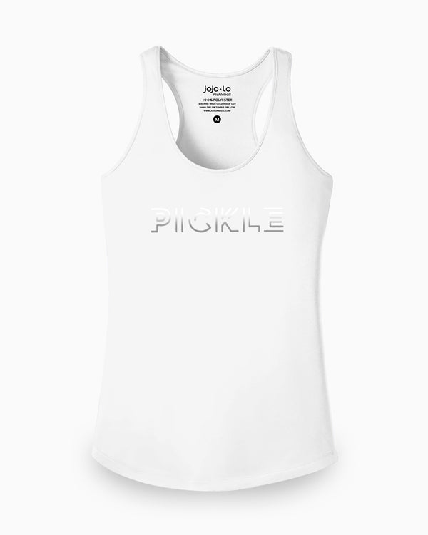 Silver Foil Pickle Pickleball Tank Top Women's White Performance Fabric