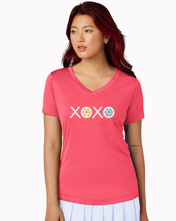 Glitter Flake XOXO Pickleball V-Neck T-Shirt Women’s Coral Performance Fabric