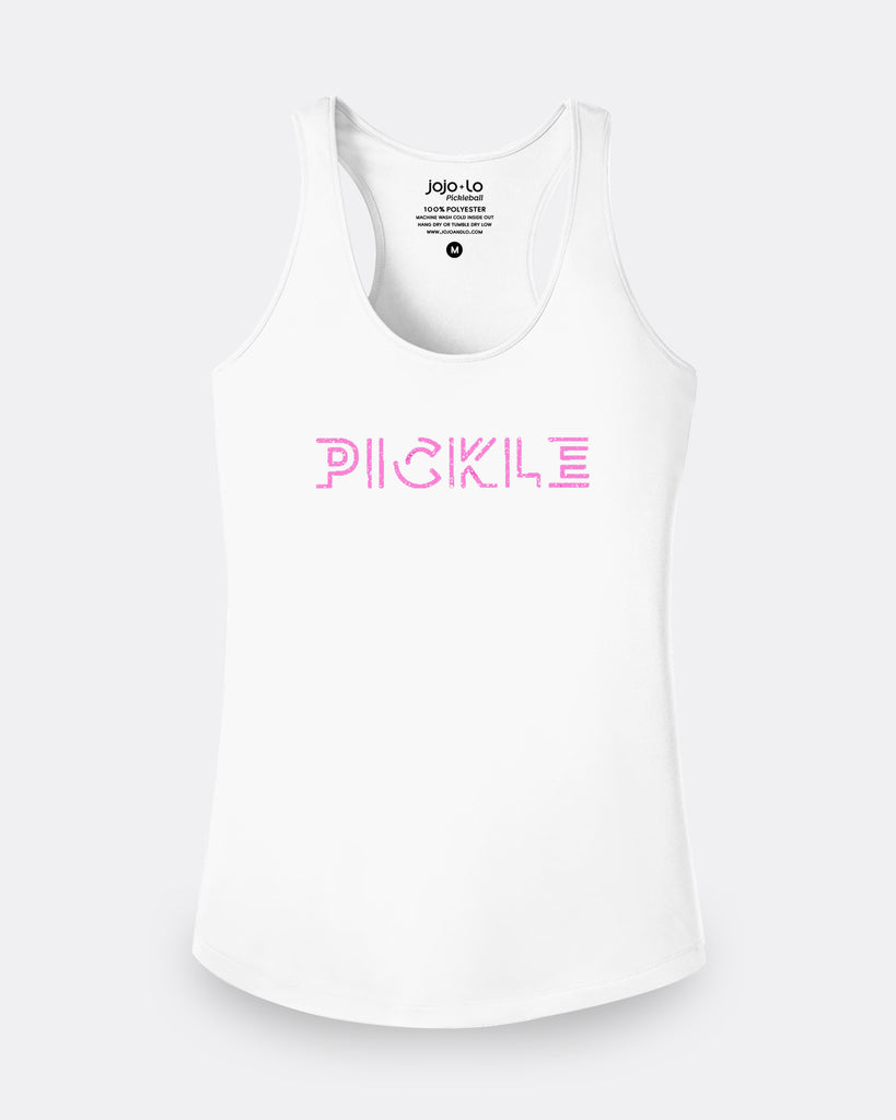 Glitter Flake Pickle Pickleball Tank Top Women's White Performance Fabric