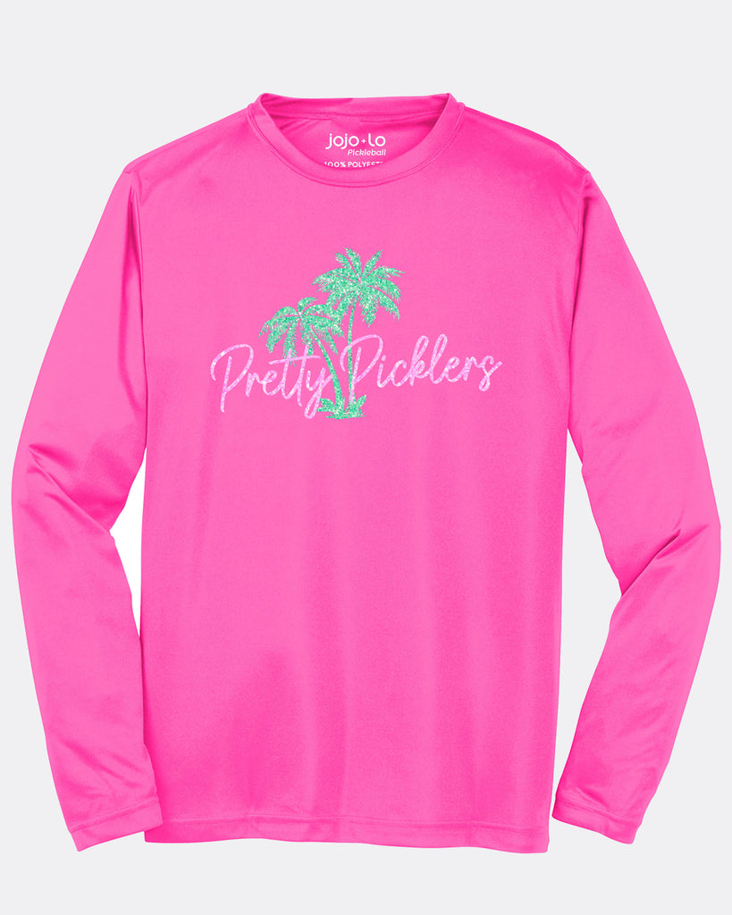 Glitter Flake Pretty Picklers Pickleball Long Sleeve T- Shirt Pink Performance Fabric