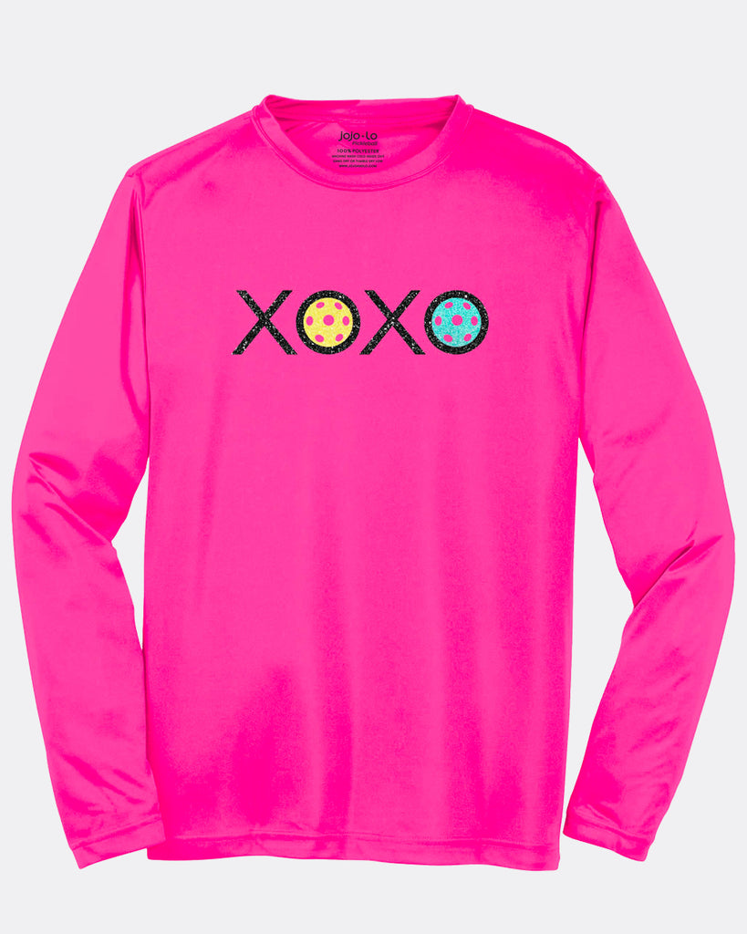 Glitter Flake XOXO Pickleball Long Sleeve T-Shirt Pink Performance Fabric