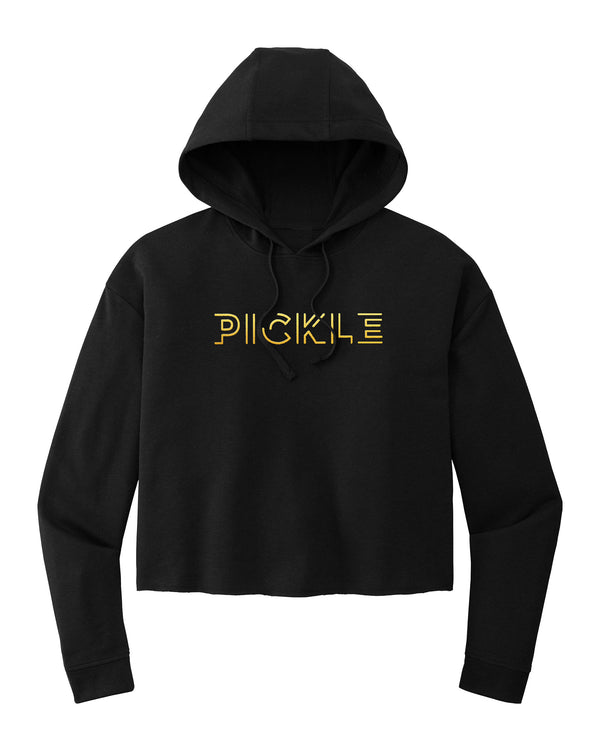 Gold Foil Pickle Pickleball Cropped Hoodie Women's Black