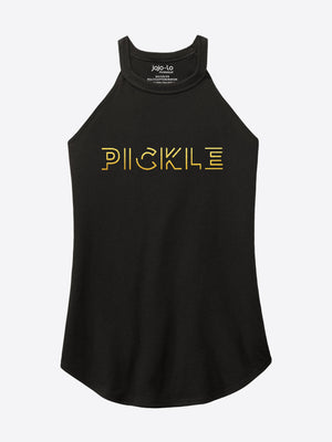 Gold Foil Pickle Pickleball Tank Top Women’s Black Tri-Blend Fabric