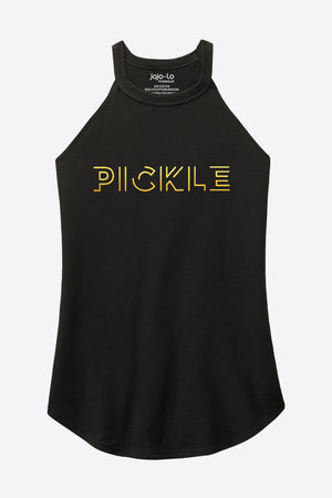 Gold Foil Pickle Pickleball Tank Top Women’s Black Tri-Blend Fabric