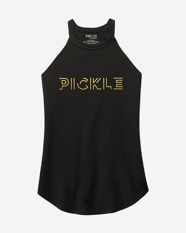 Gold Foil Pickle Pickleball Tank Top Women’s Black Tri-Blend Fabric