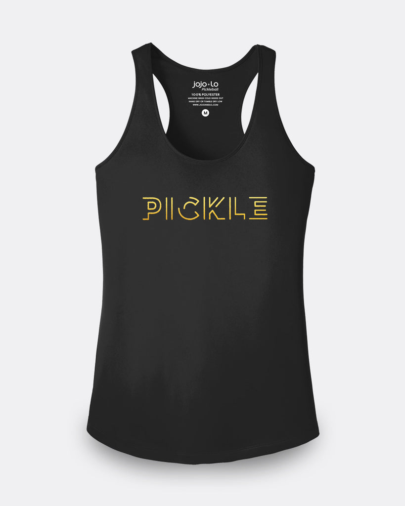 Gold Foil Pickle Pickleball Tank Top Women's Black Performance Fabric