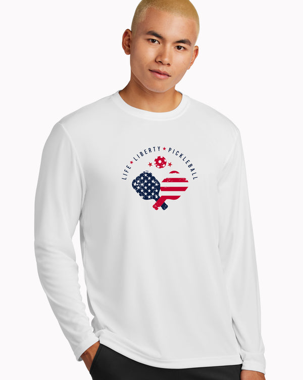 Life Liberty Pickleball Long Sleeve T-Shirt Men’s White Performance Fabric