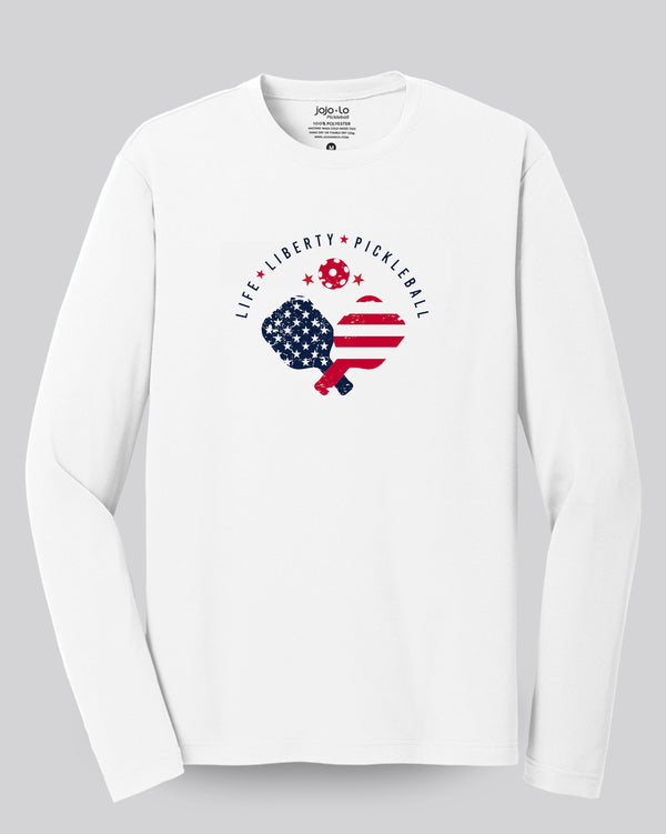 Life Liberty Pickleball Long Sleeve T-Shirt Men’s White Performance Fabric