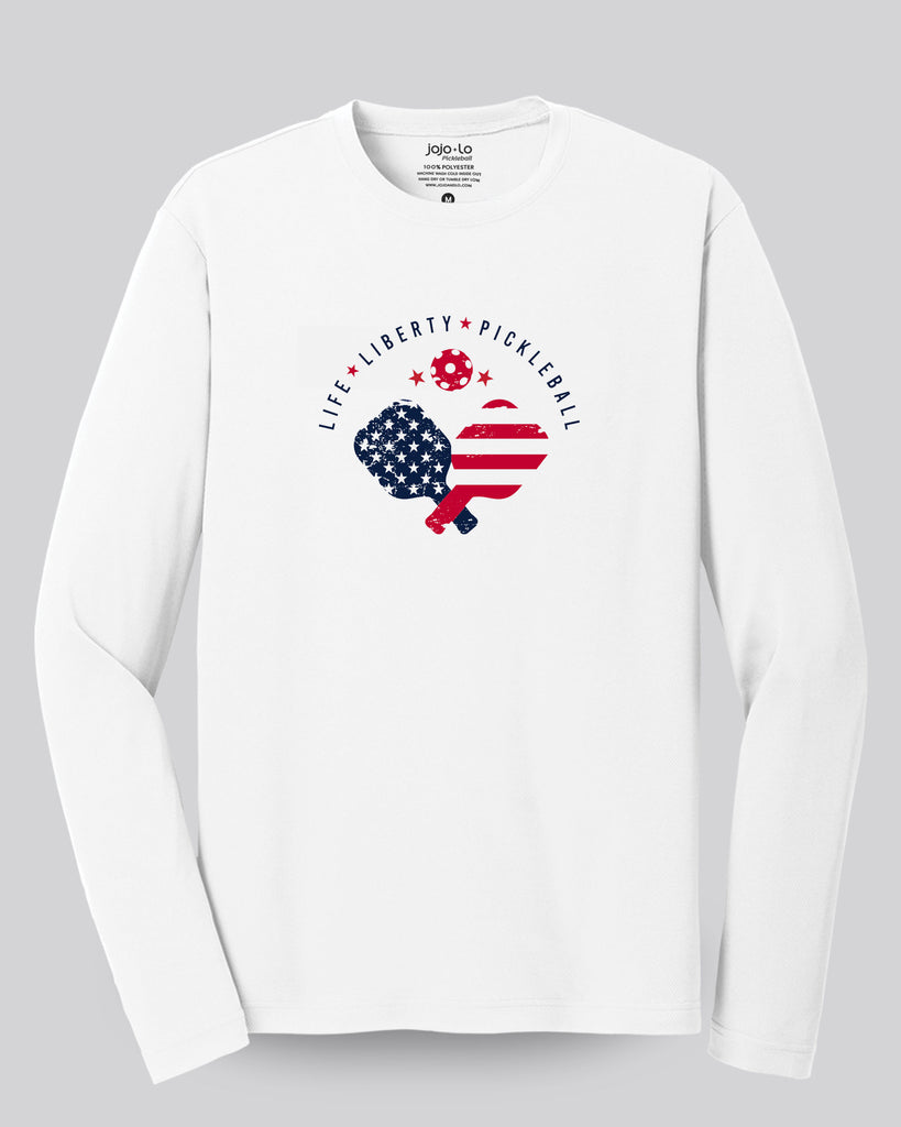 Life Liberty Pickleball Long Sleeve T-Shirt Men’s White Performance Fabric