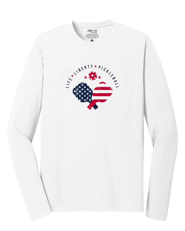 Life Liberty Pickleball Long Sleeve T-Shirt Men’s White Performance Fabric