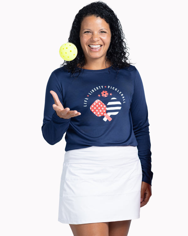 Life Liberty Pickleball Women's Sun Protection Shirt Navy UPF 50 Fabric