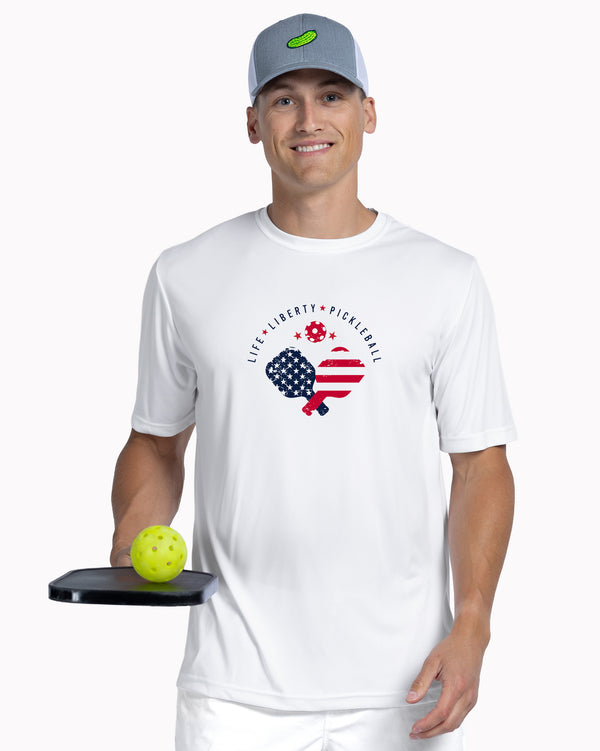 Life Liberty Pickleball T-Shirt Men’s White Performance Fabric