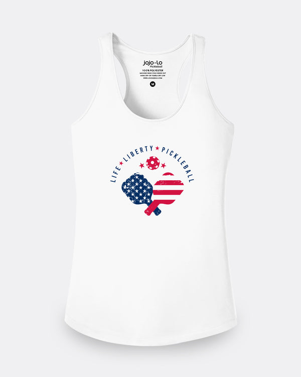 Life Liberty Pickleball Tank Top Women's White Performance Fabric