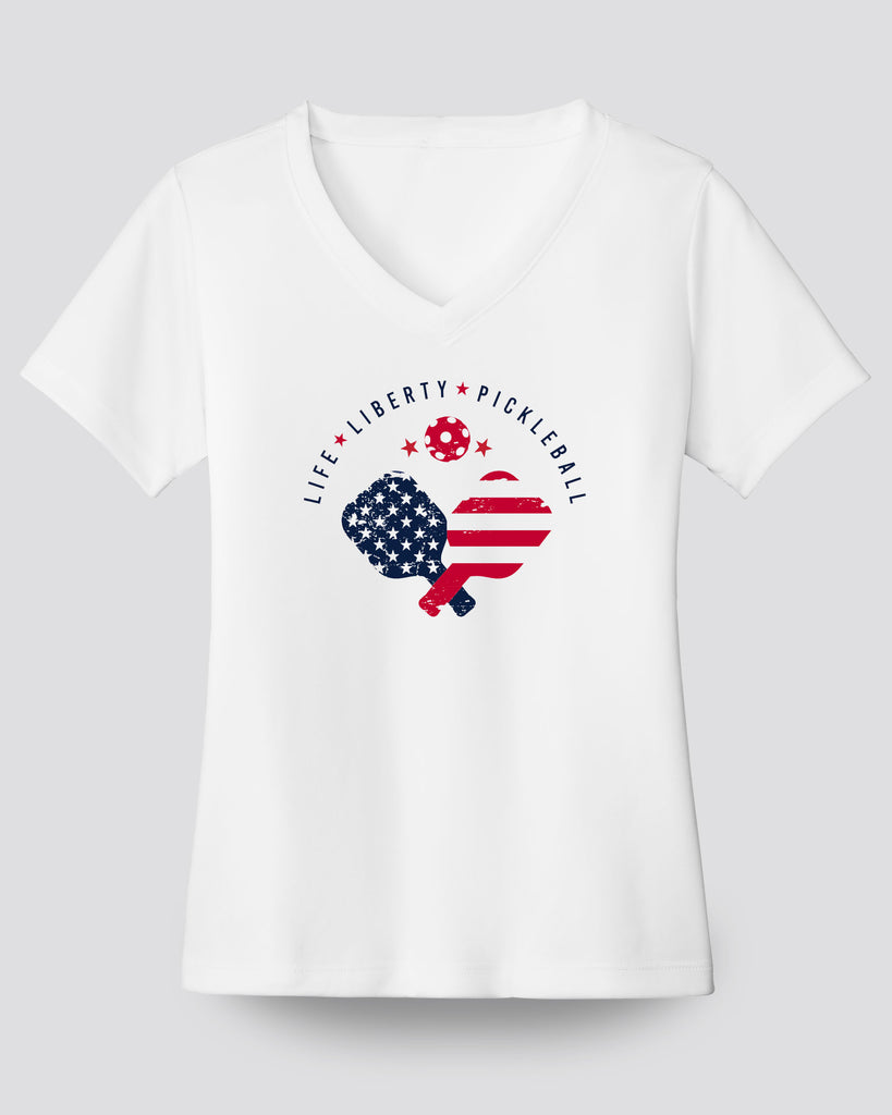 Life Liberty Pickleball V-neck T-shirt Women’s White Performance Fabric