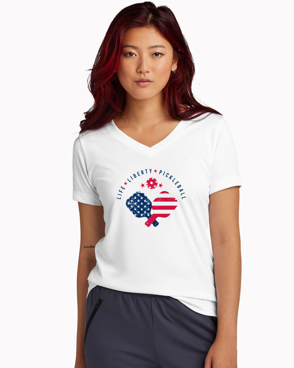 Life Liberty Pickleball V-neck T-shirt Women’s White Performance Fabric