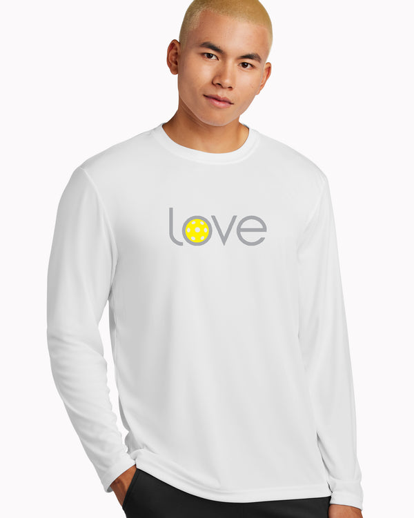 Love Pickleball Long Sleeve T-Shirt Men's White Performance Fabric