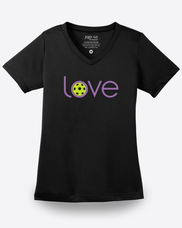 Love Pickleball V-neck T-shirt Women’s Black Performance Fabric