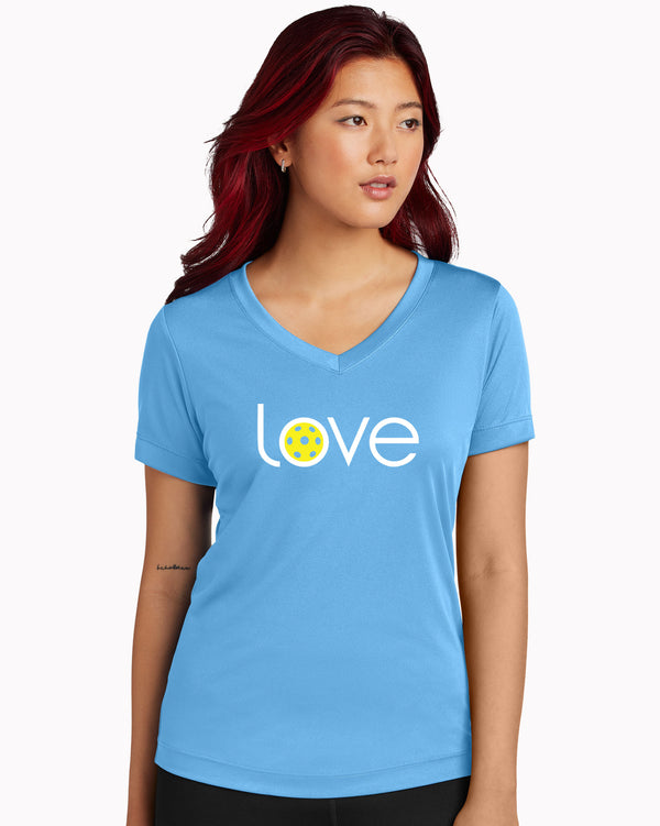 Love Pickleball V-neck T-shirt Women’s Carolina Blue Performance Fabric