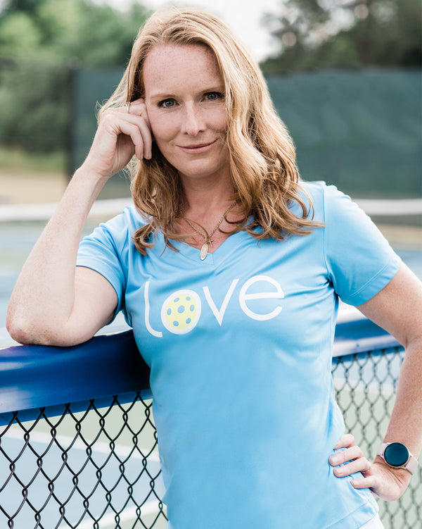 Love Pickleball V-neck T-shirt Women’s Carolina Blue Performance Fabric