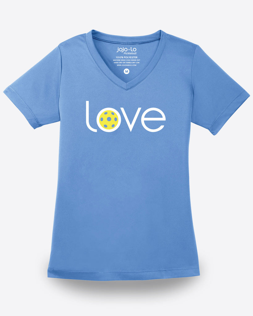 Love Pickleball V-neck T-shirt Women’s Carolina Blue Performance Fabric