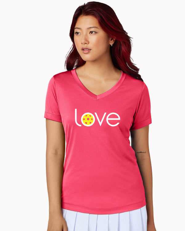 Love Pickleball V-neck T-shirt Women’s Coral Performance Fabric