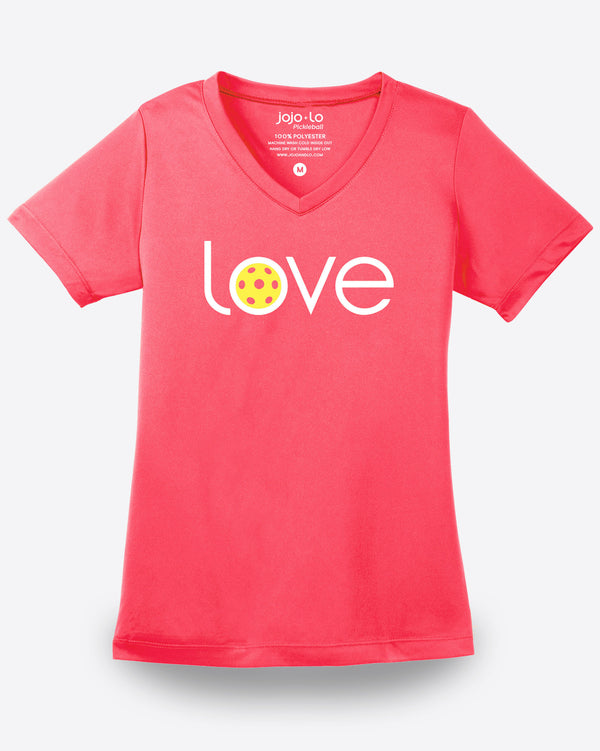 Love Pickleball V-neck T-shirt Women’s Coral Performance Fabric