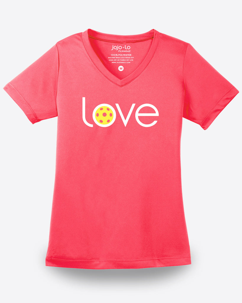 Love Pickleball V-neck T-shirt Women’s Coral Performance Fabric