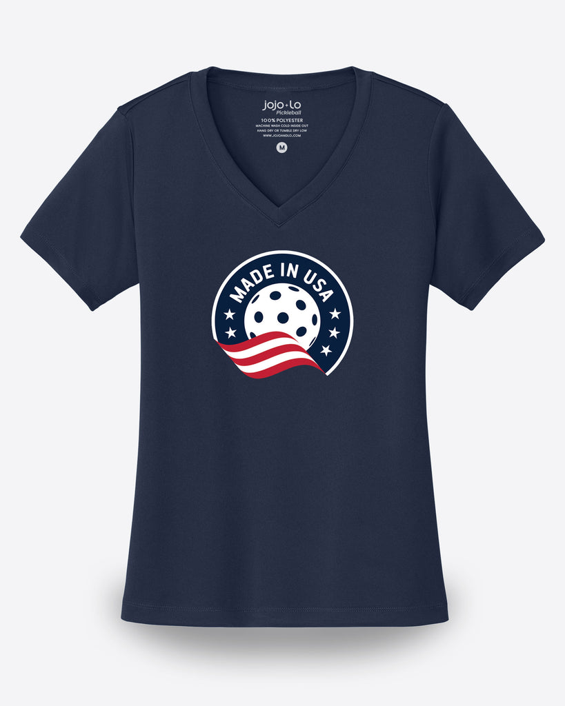 Made In USA Pickleball V-Neck T-Shirt Women’s Navy Blue Performance Fabric
