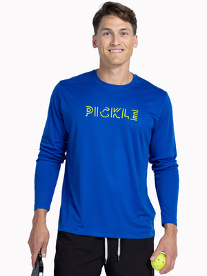 blue long-sleeve shirt with 'PICKLE' text