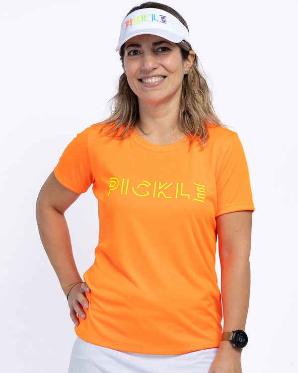 Pickle Pickleball T-Shirt Women’s Neon Orange Performance Fabric