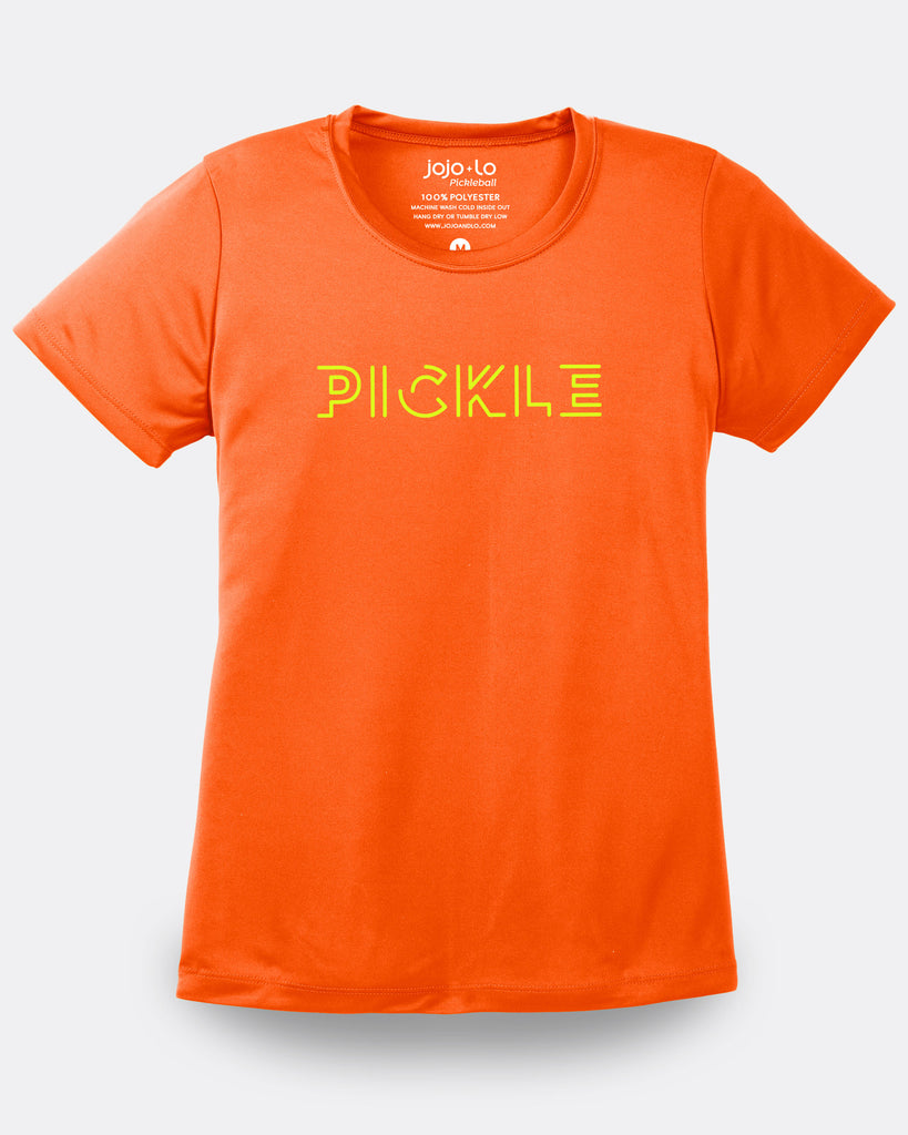 Pickle Pickleball T-Shirt Women’s Neon Orange Performance Fabric