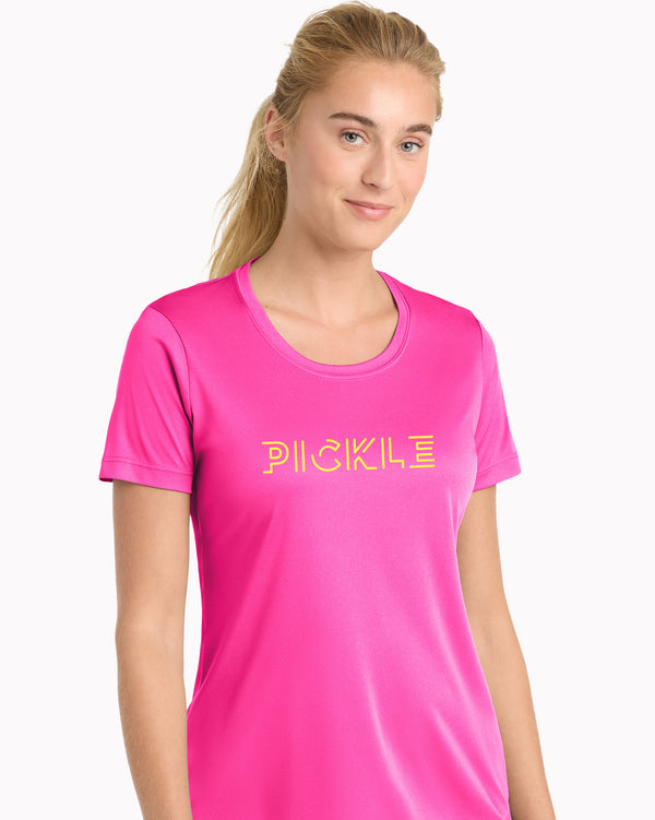 Pickle Pickleball T-Shirt Women’s Neon Pink Performance Fabric