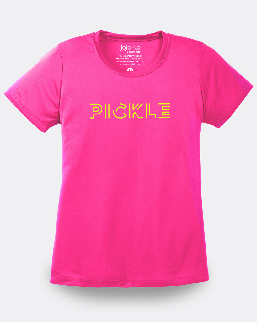 Pickle Pickleball T-Shirt Women’s Neon Pink Performance Fabric