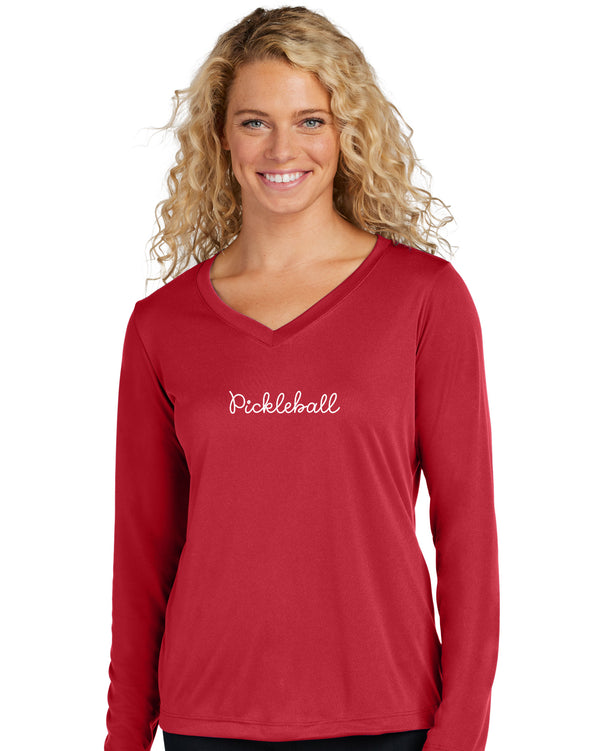 Script Pickleball Long Sleeve Women's Red Performance Fabric