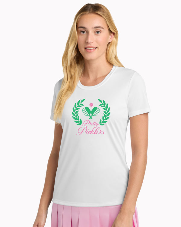 Pretty Picklers Pickleball T-Shirt Women's White Performance Fabric