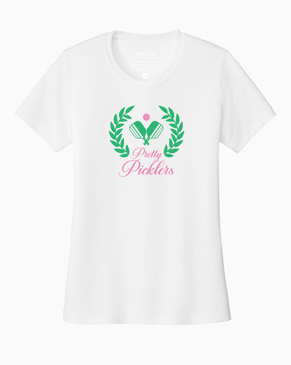 Pretty Picklers Pickleball T-Shirt Women's White Performance Fabric