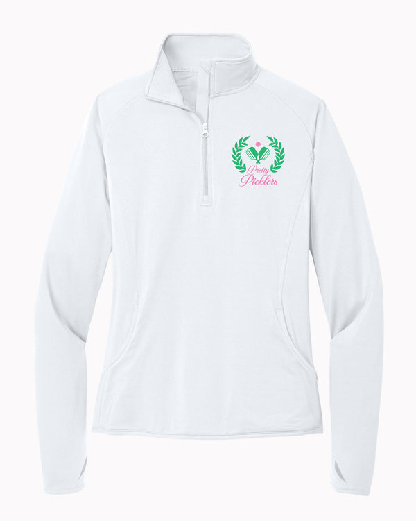 Pretty Picklers Women's White Sport-Wick Stretch 1/4-Zip Pullover