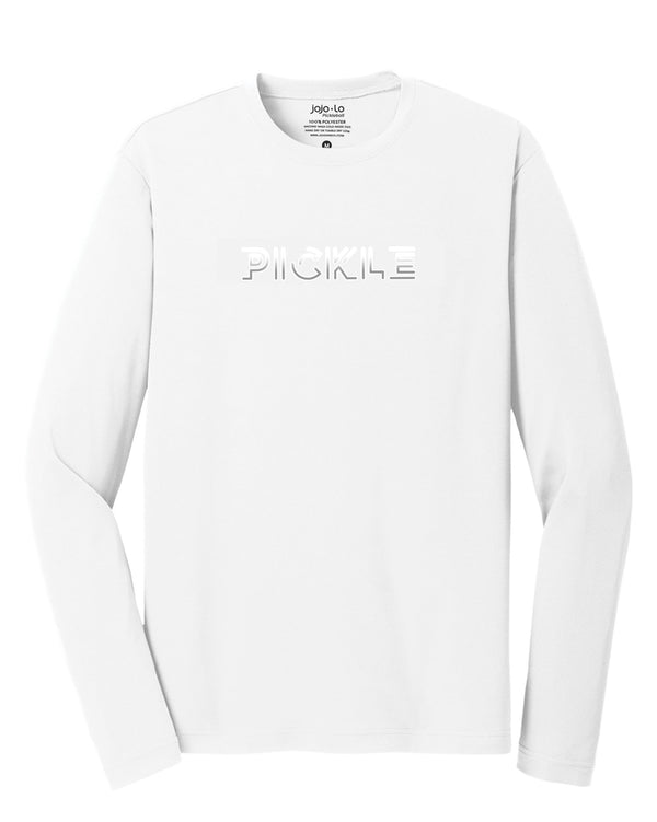 Silver Foil Pickle Pickleball Long Sleeve T-Shirt Men’s White Performance Fabric