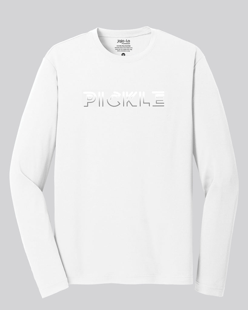 Silver Foil Pickle Pickleball Long Sleeve T-Shirt Men’s White Performance Fabric